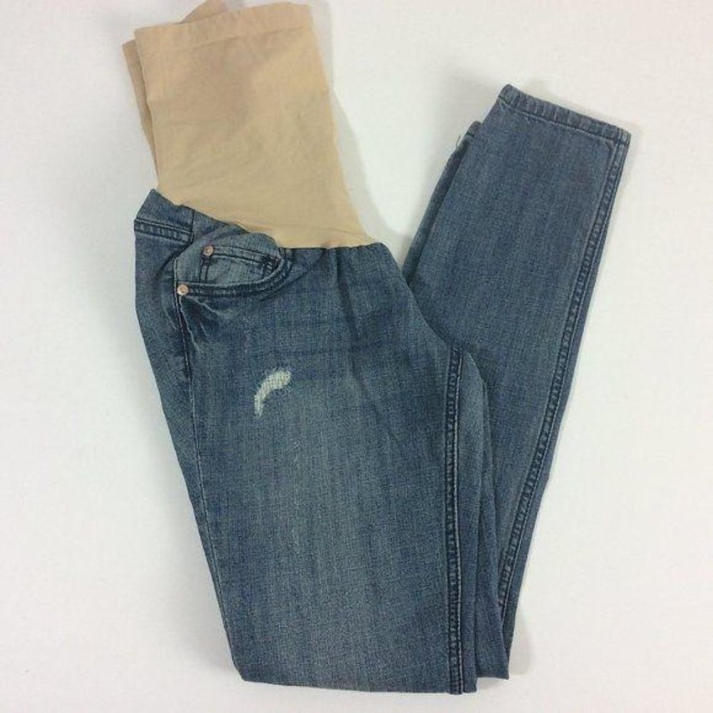 4/$25 Indigo Blue Secret Fit Belly Full‎ Panel Distressed Maternity Jeans Sz XS